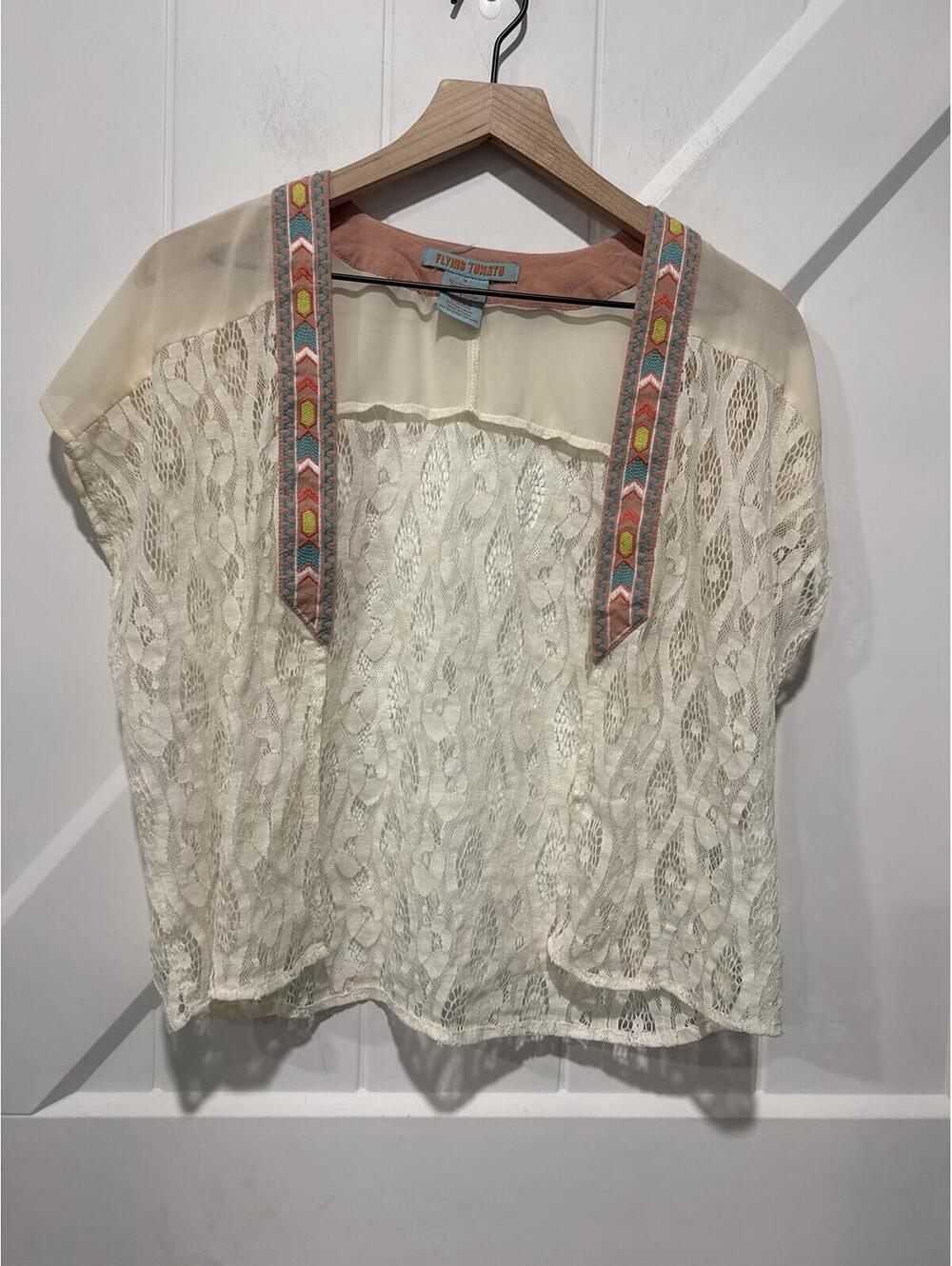 Flying Tomato Women's Lace Open Cardigan with Embroidered Trim, Size Small